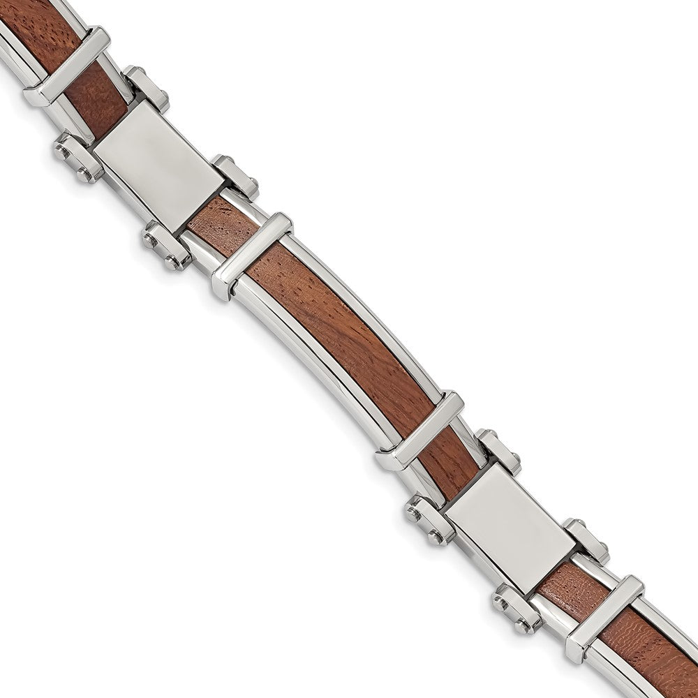 Chisel Stainless Steel Polished with Wood Inlay 8.25 inch Link Bracelet, 8.25 x 10.9 mm