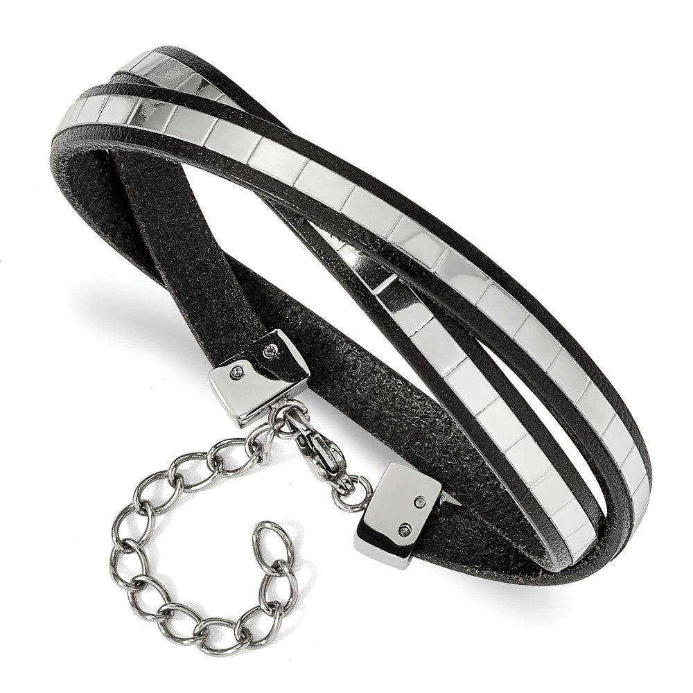 Stainless Steel Polished Italian Leather 14.5in w/2in ext Wrap Bracelet, 14.5 mm