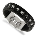Stainless Steel Polished Black Woven Leather 7in w/.5in ext Bracelet, 7 mm