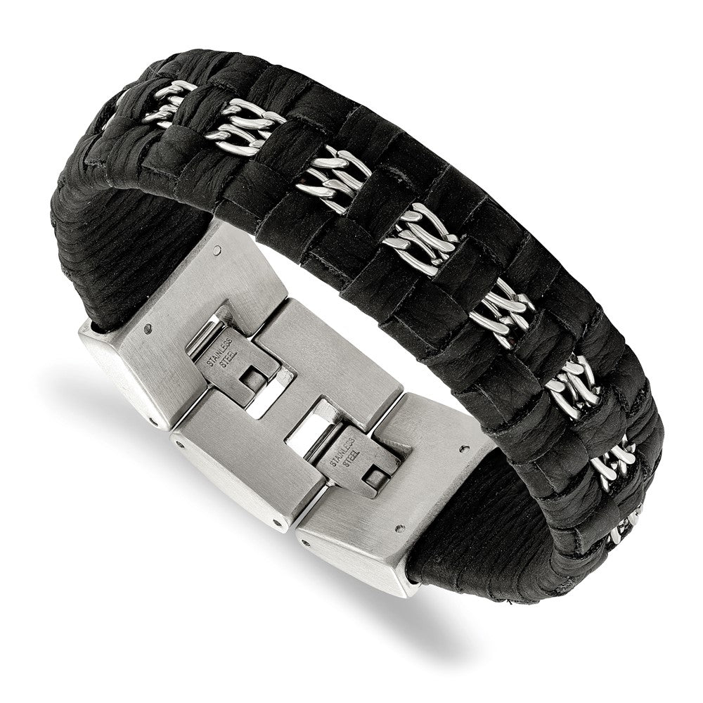 Stainless Steel Polished Black Woven Leather 7in w/.5in ext Bracelet, 7 mm