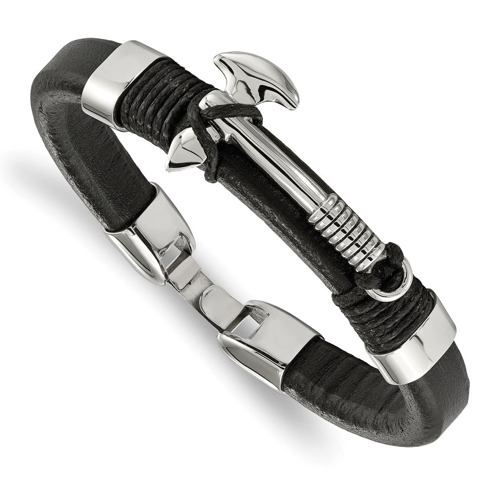 Chisel Stainless Steel Polished Hatchet Black Leather 8.5 inch Bracelet, 8.5 x 10 mm