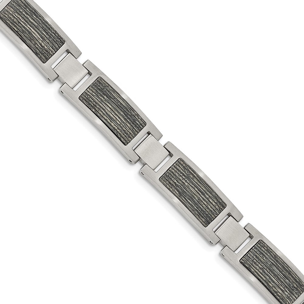 Chisel Stainless Steel Brushed with Grey Wood Inlay 8.75 inch Link Bracelet, 8.75 x 12.02 mm
