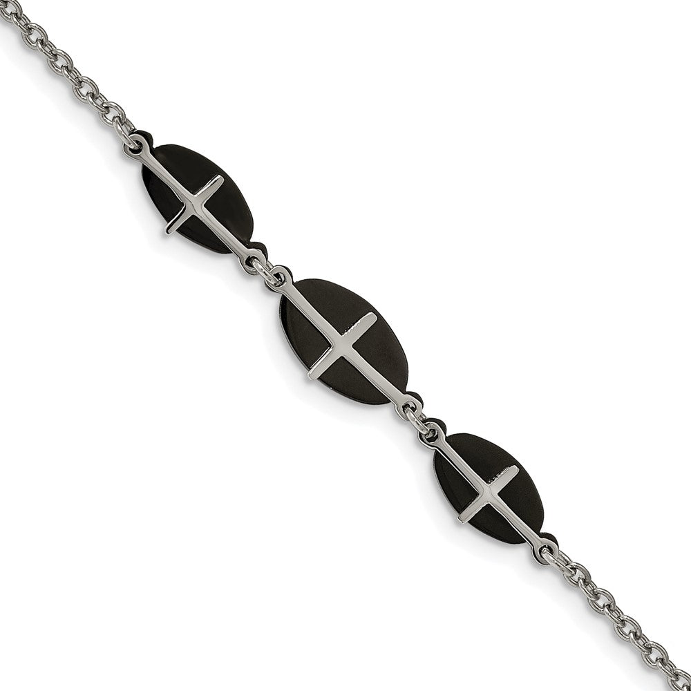 Stainless Steel Polished Black IP-plated 7in w/1in ext. Cross Bracelet, 7 x 2.37 mm