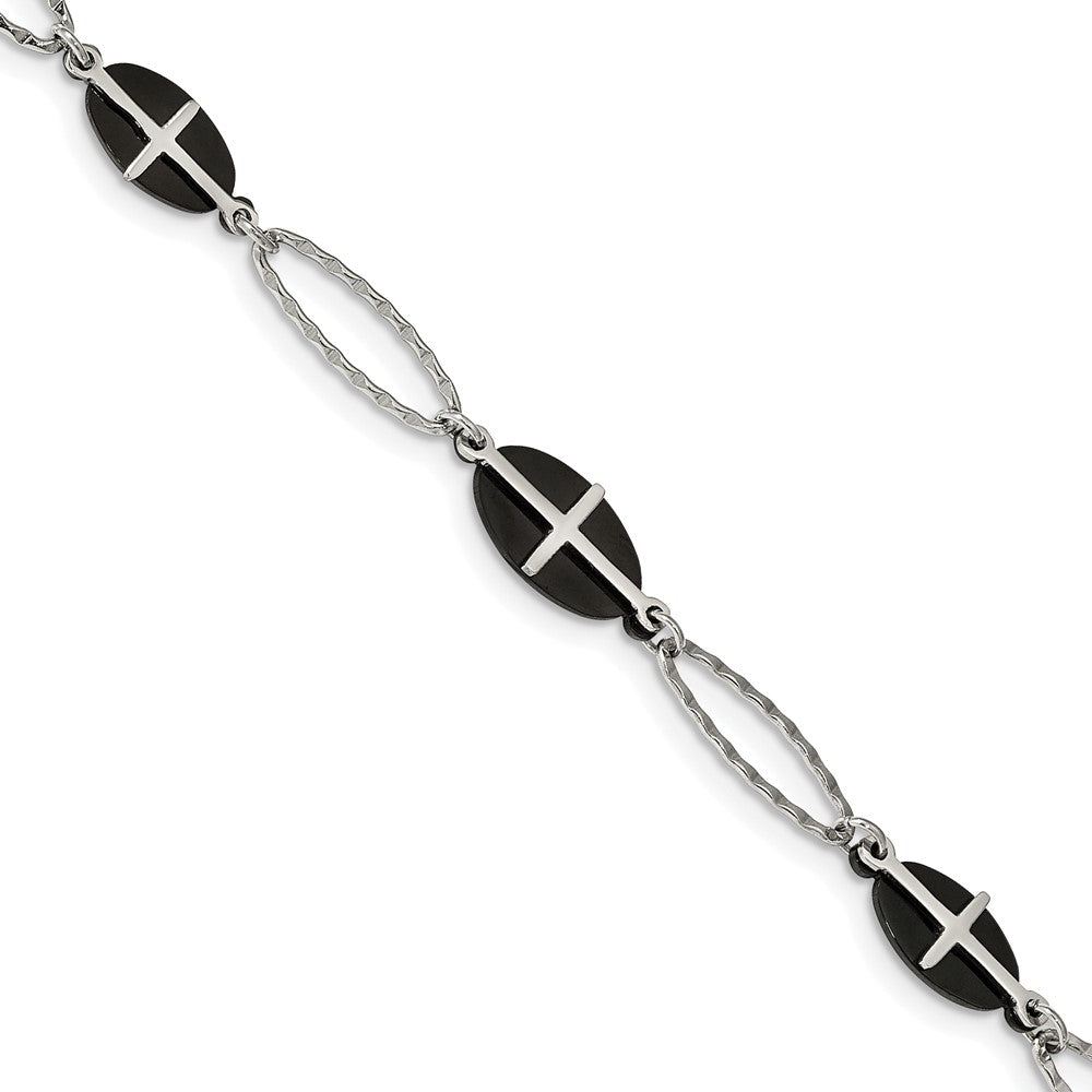 Stainless Steel Polished Black IP-plated 7in w/1in ext. Cross Bracelet, 7 mm