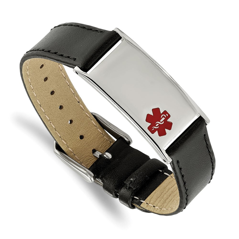 Chisel Stainless Steel Polished with Red Enamel Medical ID Black Leather Adjustable 6.5 to 8.25 inch Bracelet, 13.86 mm