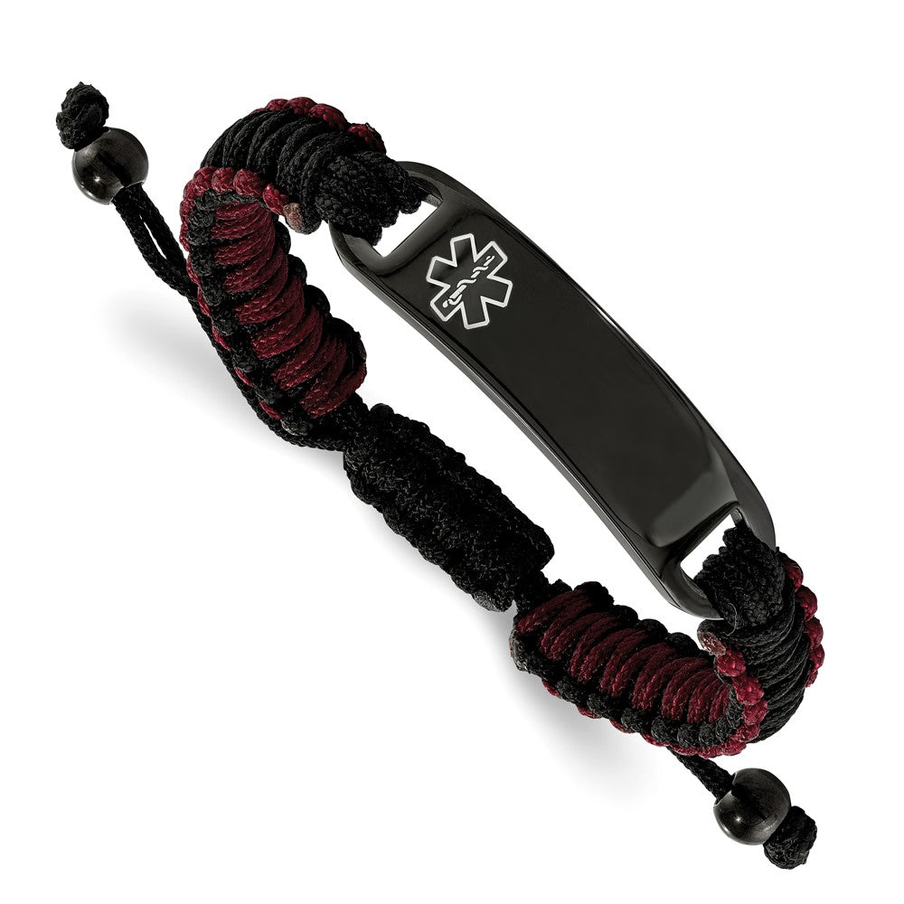 Chisel Stainless Steel Polished Black IP-plated with White Enamel Black and Red Nylon Adjustable Medical ID Bracelet, 11.58 mm