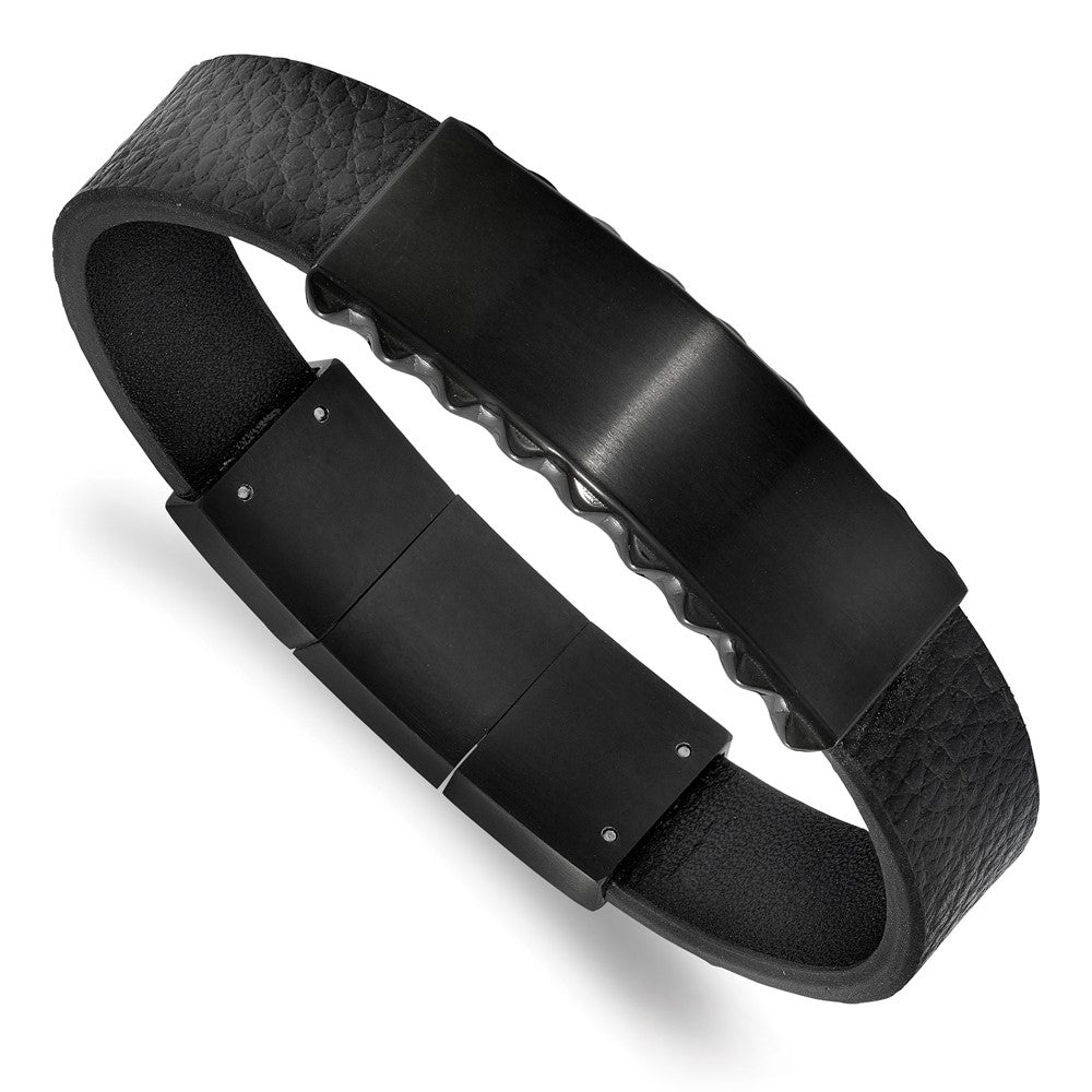 Chisel Stainless Steel Brushed and Polished Black IP-plated Black Textured Leather 7.75 inch ID Bracelet with .5 inch Extension, 7.75 x 14.5 mm