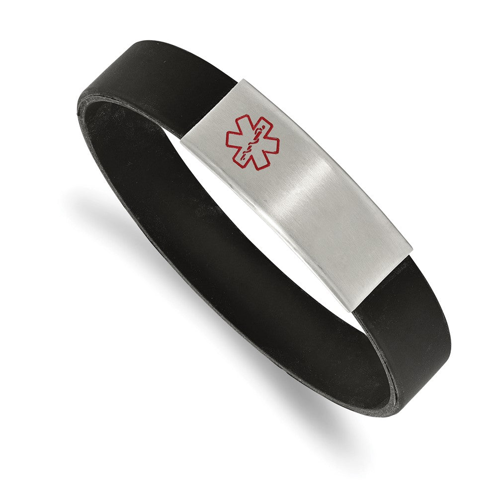 Chisel Stainless Steel Brushed with Red Enamel Black Silicone Stretch Medical ID Bracelet, 7.5 x 10.6 mm