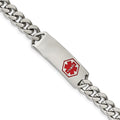 Chisel Stainless Steel Polished with Red Enamel Medical ID 8 inch Curb Chain Bracelet, 8 x 4.3 mm
