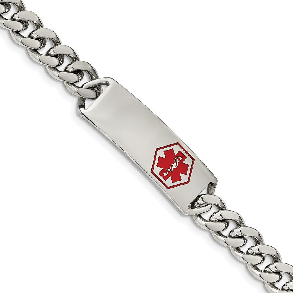 Chisel Stainless Steel Polished with Red Enamel Medical ID 8 inch Curb Chain Bracelet, 8 x 4.3 mm