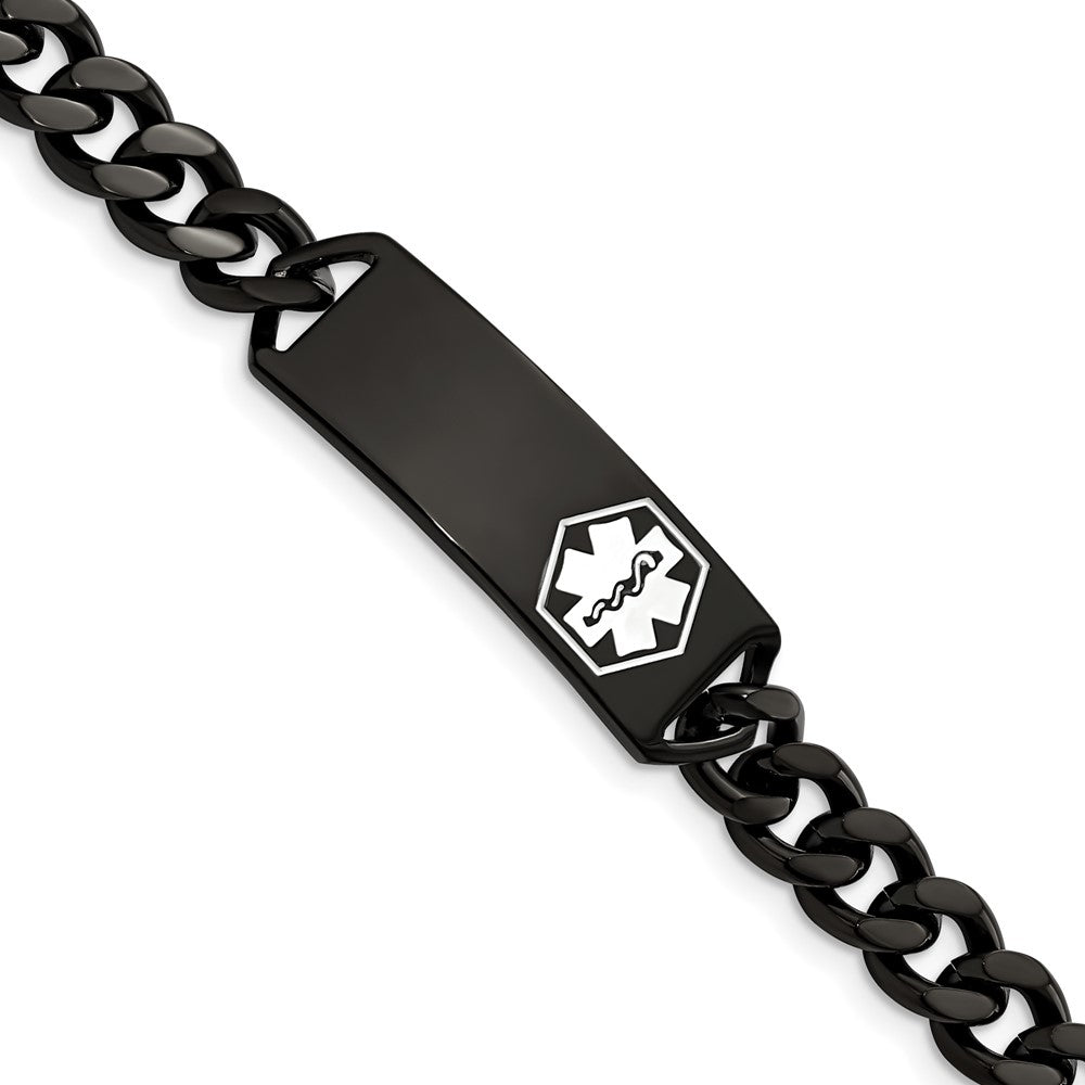 Chisel Stainless Steel Polished Black IP-plated with White Enamel Medical ID 8 inch Curb Chain Bracelet, 8 x 2.96 mm