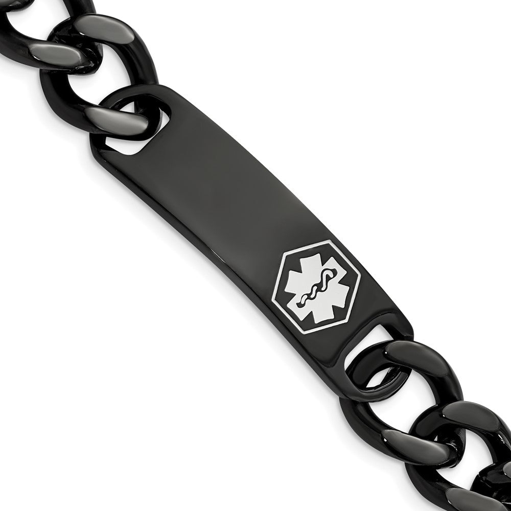 Chisel Stainless Steel Polished Black IP-plated with White Enamel Medical ID 8.25 inch Curb Chain Bracelet, 8.25 x 5.2 mm