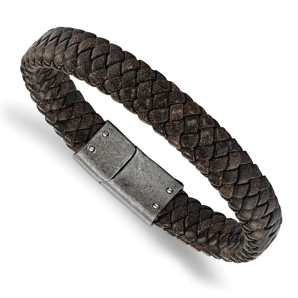 Chisel Stainless Steel Antiqued and Brushed Brown Braided Leather 8.25 inch Bracelet, 8.25 x 10.9 mm