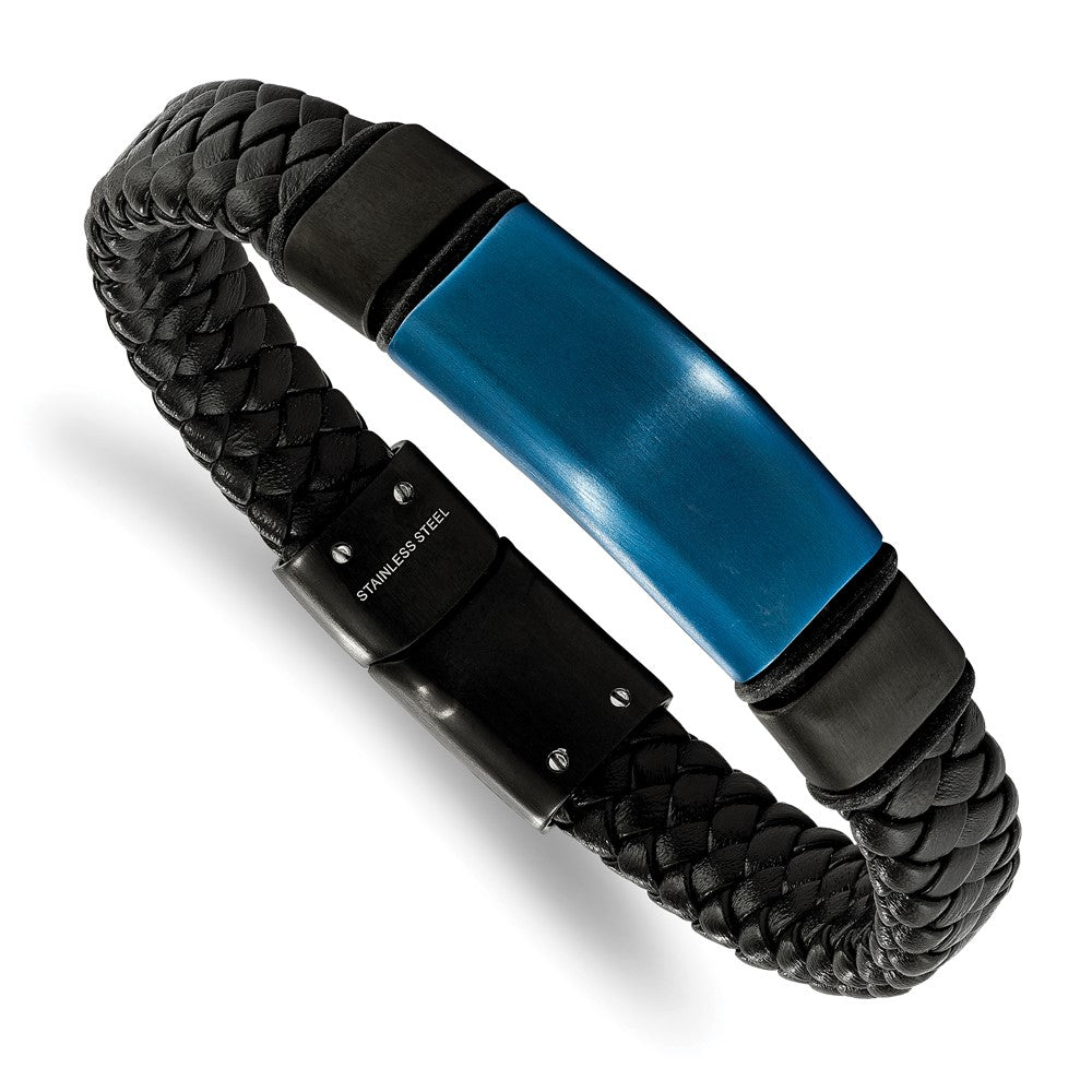 Chisel Stainless Steel Polished Black and Blue IP-plated Braided Black Leather with Silicone 8.25 inch ID Bracelet, 8.25 x 10 mm