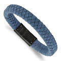 Stainless Steel Brushed Light Blue Leather Braided 8.25in Bracelet, 8.25 x 11.3 mm