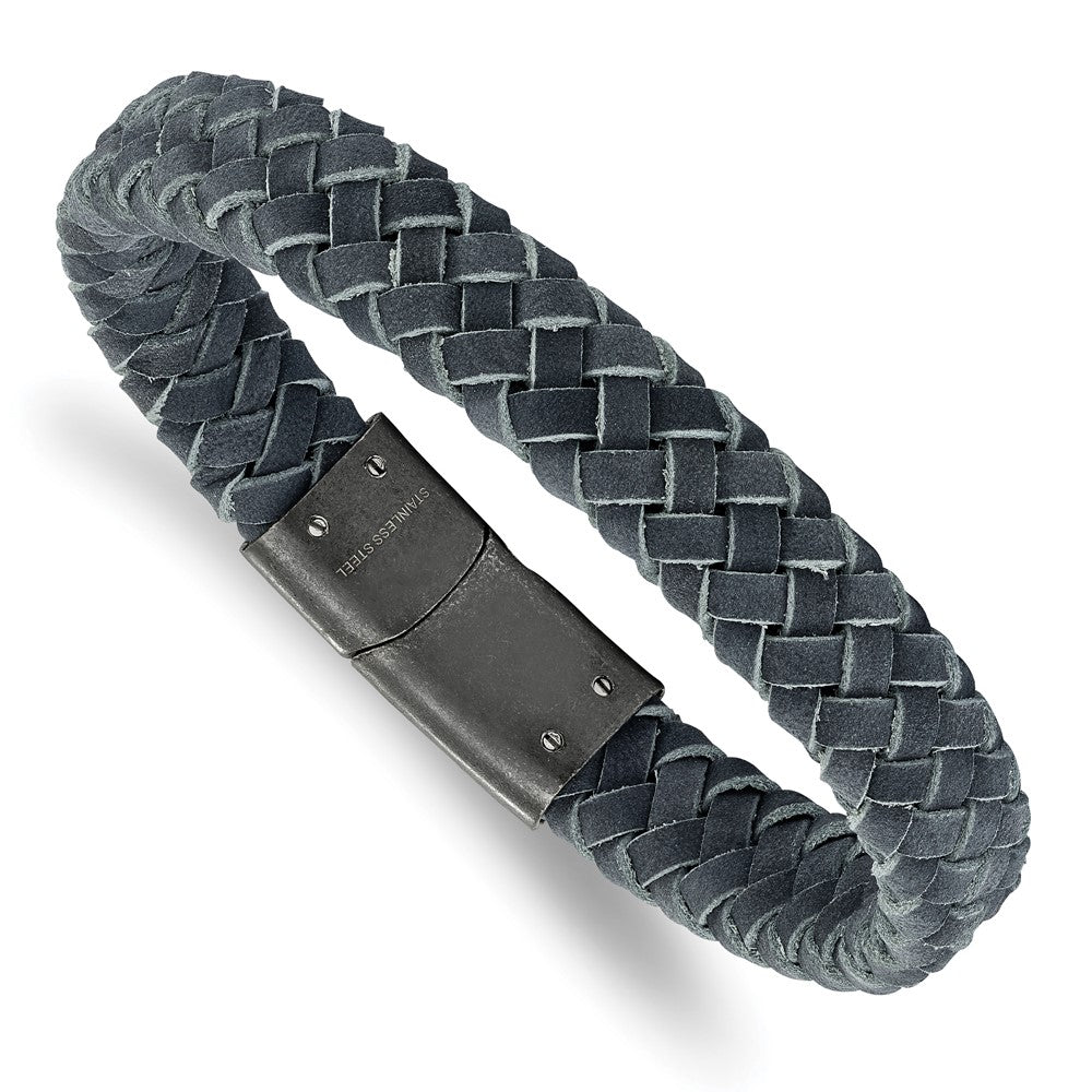 Chisel Stainless Steel Brushed Grey Braided Leather 8.5 inch Bracelet, 8.5 x 12.5 mm