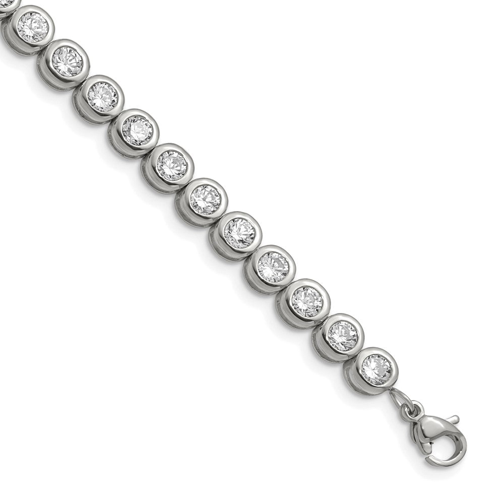 Chisel Stainless Steel Polished Round CZ Link 7 inch Bracelet with 1 inch Extension, 7 x 5.5 mm