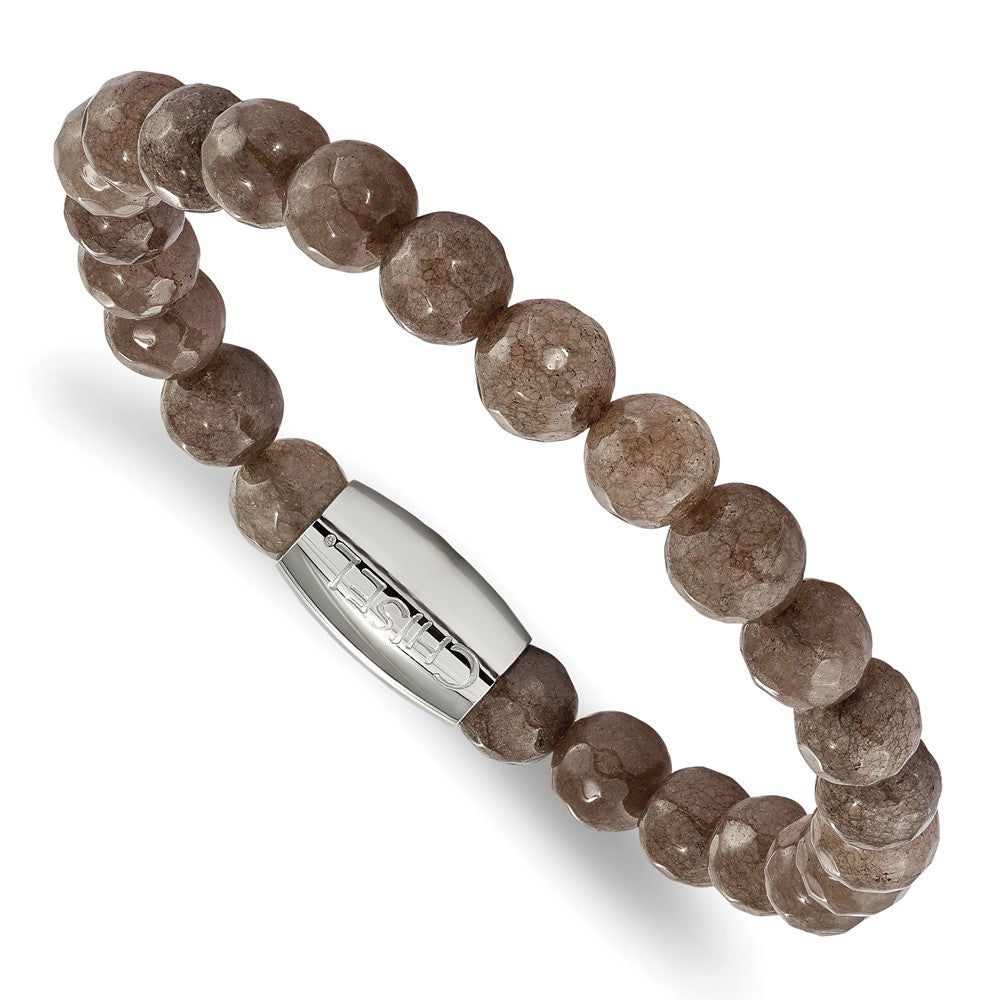 Chisel Stainless Steel Polished 8mm Brown Jade Beaded Stretch Bracelet, 7.5 x 8 mm