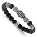 Chisel Stainless Steel Antiqued and Polished Buddha 8mm Black Agate and Grey Jasper Beaded Stretch Bracelet, 7.5 x 8.5 mm