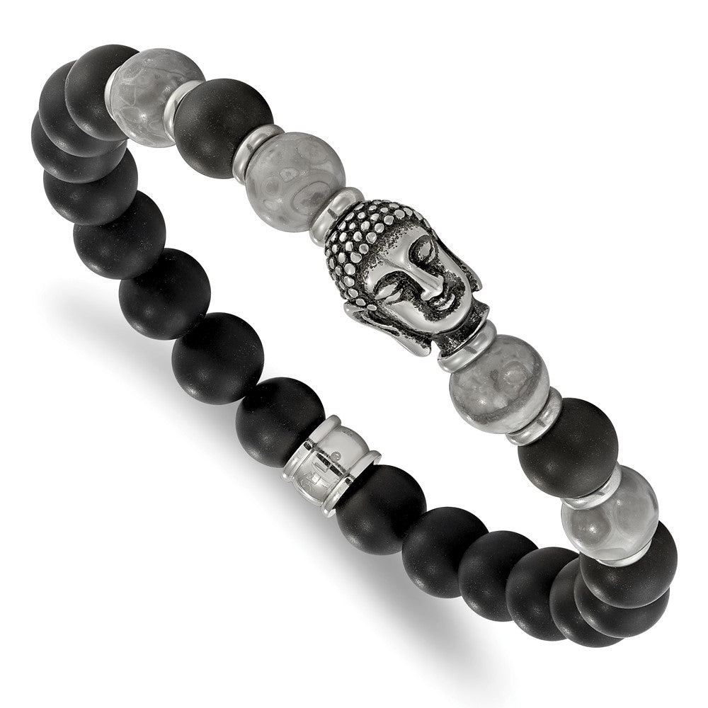 Chisel Stainless Steel Antiqued and Polished Buddha 8mm Black Agate and Grey Jasper Beaded Stretch Bracelet, 7.5 x 8.5 mm