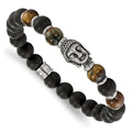 Chisel Stainless Steel Antiqued and Polished Buddha 8mm Black Agate and Tiger's Eye Beaded Stretch Bracelet, 7.5 x 8 mm