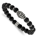 Chisel Stainless Steel Antiqued and Polished Buddha 8mm Black Agate Beaded Stretch Bracelet, 7.5 x 8.5 mm