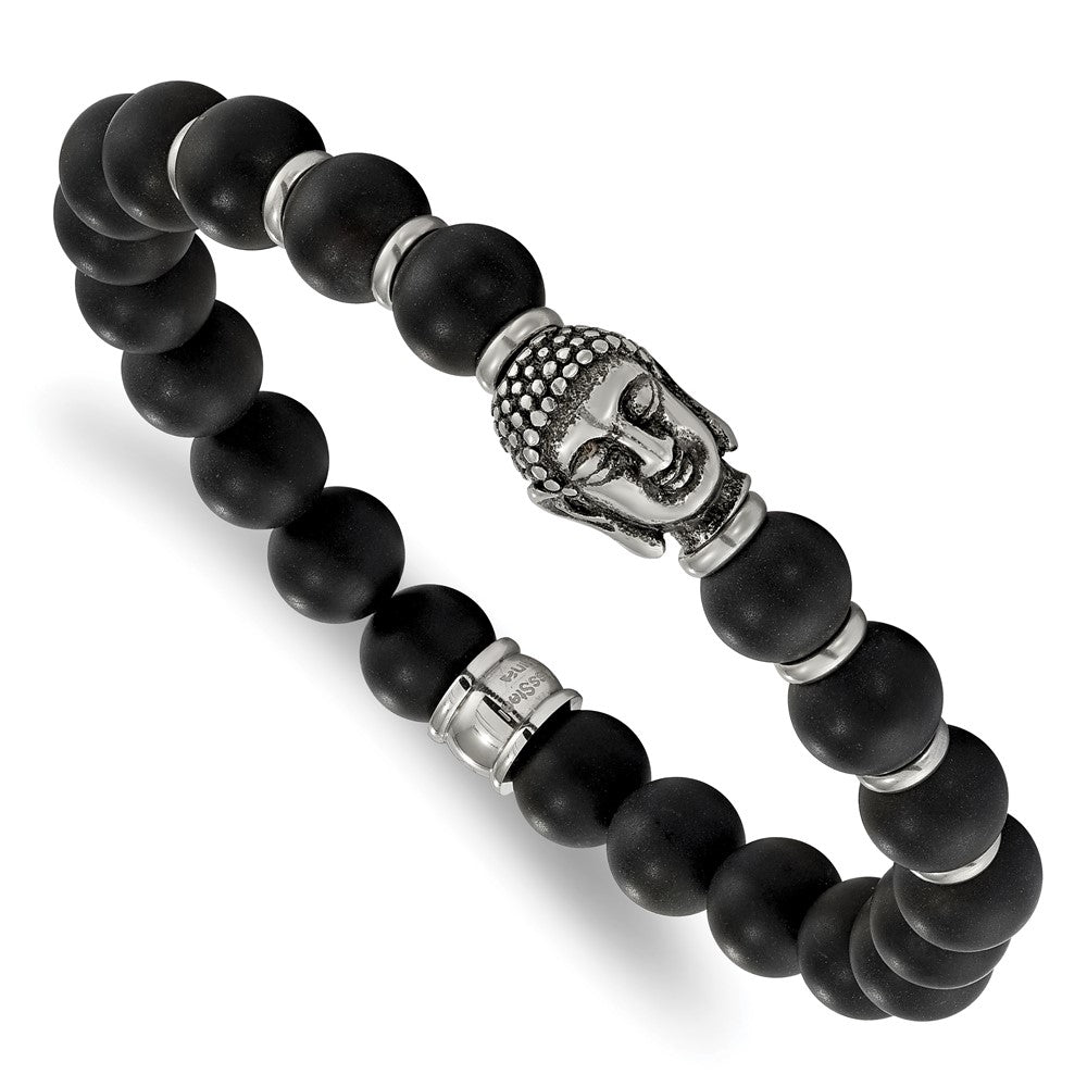Chisel Stainless Steel Antiqued and Polished Buddha 8mm Black Agate Beaded Stretch Bracelet, 7.5 x 8.5 mm