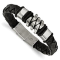 Chisel Stainless Steel Brushed and Polished Black Woven Leather 8 inch Bracelet with .5 inch Extension, 8 x 10.5 mm