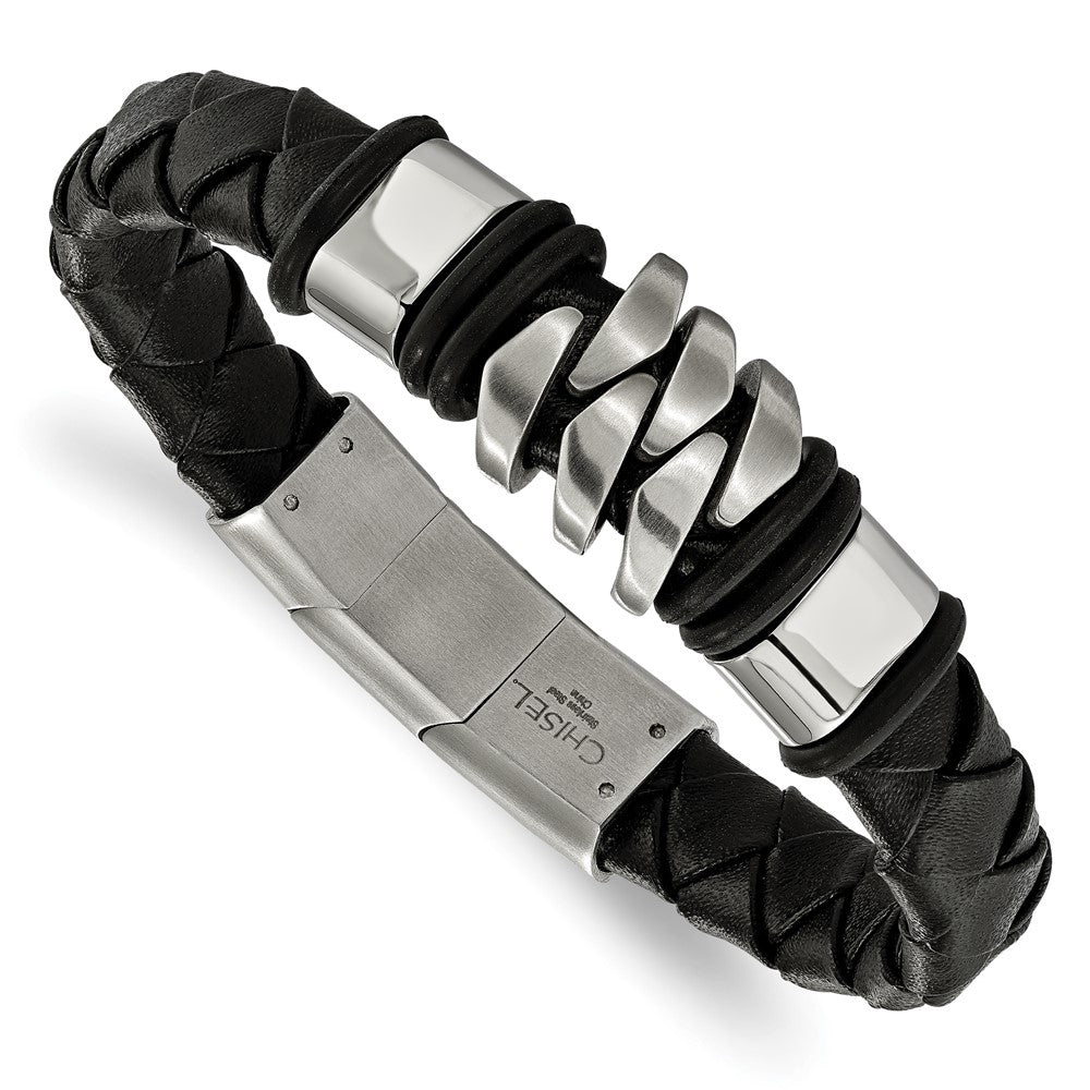 Chisel Stainless Steel Brushed and Polished Black Woven Leather 8 inch Bracelet with .5 inch Extension, 8 x 10.5 mm