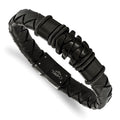 Chisel Stainless Steel Polished and Brushed Black IP-plated Black Woven Leather 8.25 inch Bracelet, 8.25 x 10.5 mm