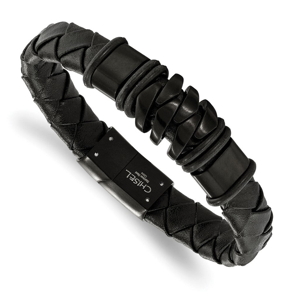 Chisel Stainless Steel Polished and Brushed Black IP-plated Black Woven Leather 8.25 inch Bracelet, 8.25 x 10.5 mm