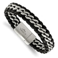 Chisel Stainless Steel Brushed Black Leather 8.5 inch Bracelet, 8.5 x 13.88 mm