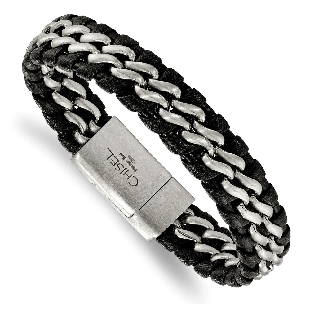 Chisel Stainless Steel Brushed Black Leather 8.5 inch Bracelet, 8.5 x 13.88 mm