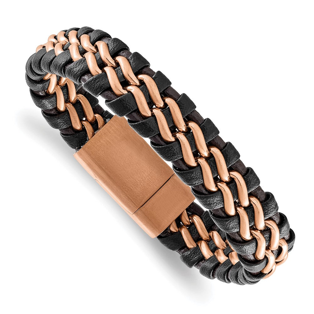 Chisel Stainless Steel Brushed Rose IP-plated Dark Brown Leather 8.5 inch Bracelet, 8.5 x 16 mm