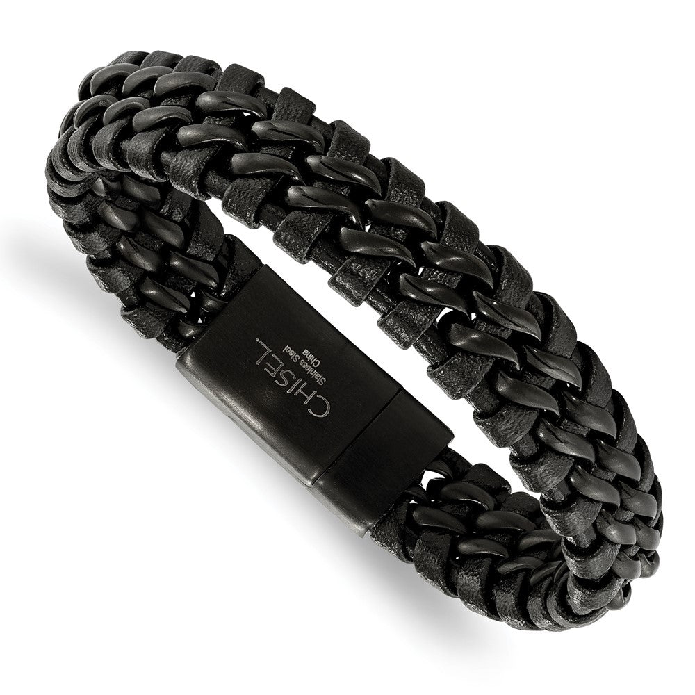 Chisel Stainless Steel Brushed Black IP-plated Black Leather 8.5 inch Bracelet, 8.5 x 13.88 mm