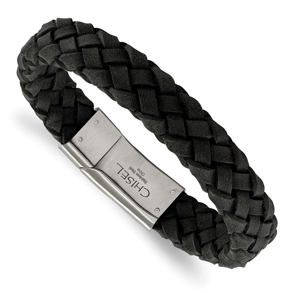 Chisel Stainless Steel Brushed Black Braided Leather 8.25 inch Bracelet, 8.25 x 12.51 mm