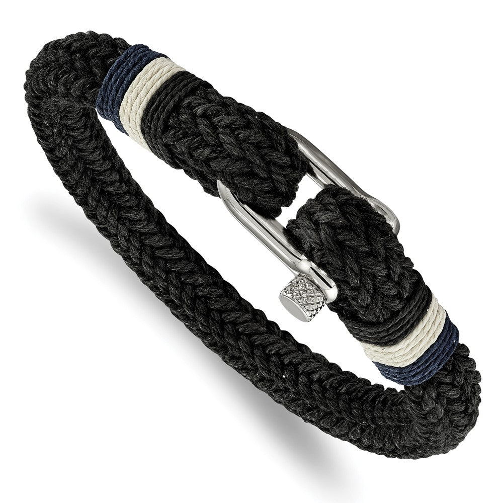 Chisel Stainless Steel Polished Woven Black Cotton 8.5 inch Bracelet, 8.5 x 8.5 mm