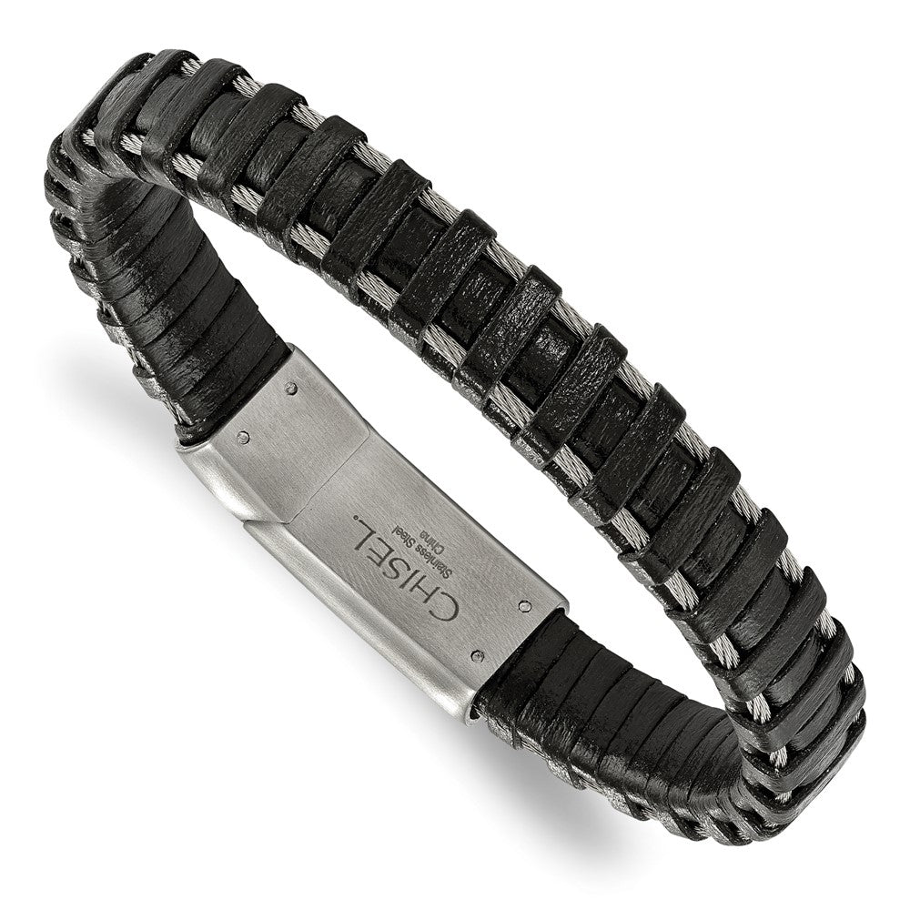 Chisel Stainless Steel Brushed Cable and Black Leather 8.5 inch Bracelet, 8.5 x 11.5 mm