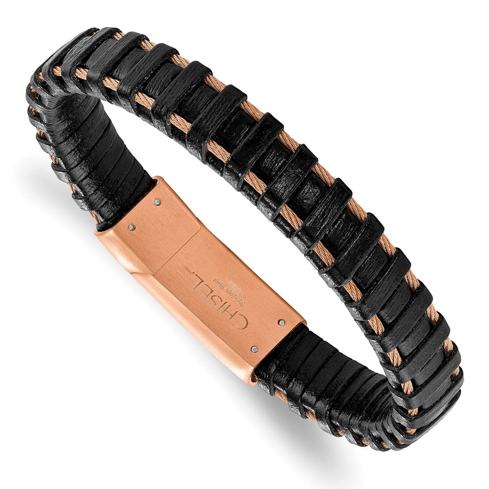 Chisel Stainless Steel Polished Rose IP-plated Cable and Black Leather 8.5 inch Bracelet, 8.5 x 11.5 mm