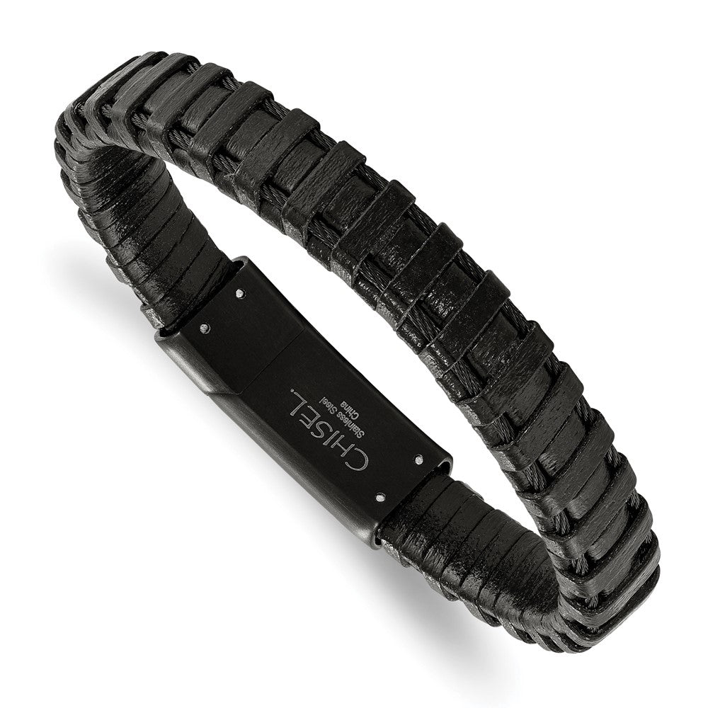 Chisel Stainless Steel Polished Black IP-plated Cable and Black Leather 8.5 inch Bracelet, 8.5 x 11.5 mm