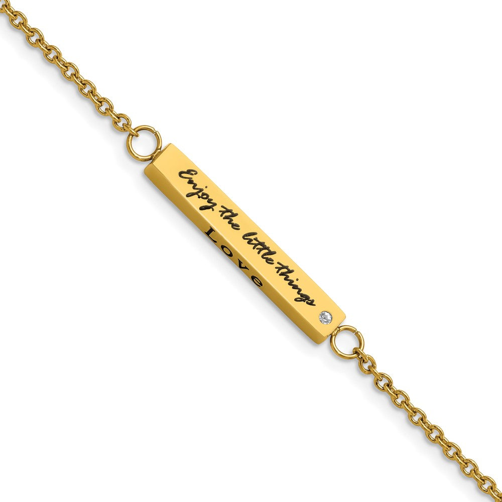 Chisel Stainless Steel Polished Yellow IP-plated with CZ LOVE DREAM LAUGH Enjoy the little things 7 inch Bracelet with 1.5 inch Extension, 7 x 4 mm