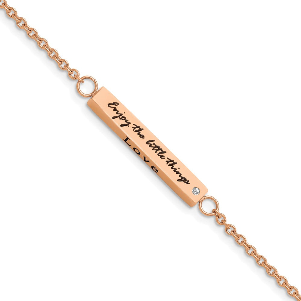 Chisel Stainless Steel Polished Rose IP-plated with CZ LOVE DREAM LAUGH Enjoy the little things 7 inch Bracelet with 1.5 inch Extension, 7 x 4 mm