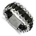 Chisel Stainless Steel Brushed and Polished Black Leather 9 inch Bracelet, 9 x 28 mm