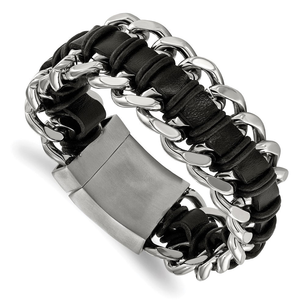 Chisel Stainless Steel Brushed and Polished Black Leather 9 inch Bracelet, 9 x 28 mm