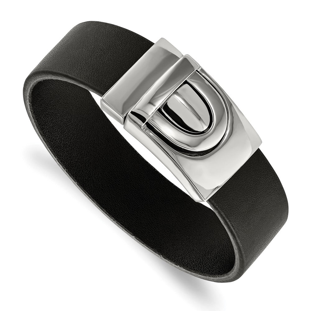 Stainless Steel Polished Black Leather 8.5in Bracelet, 8.5 mm, 33.93 g