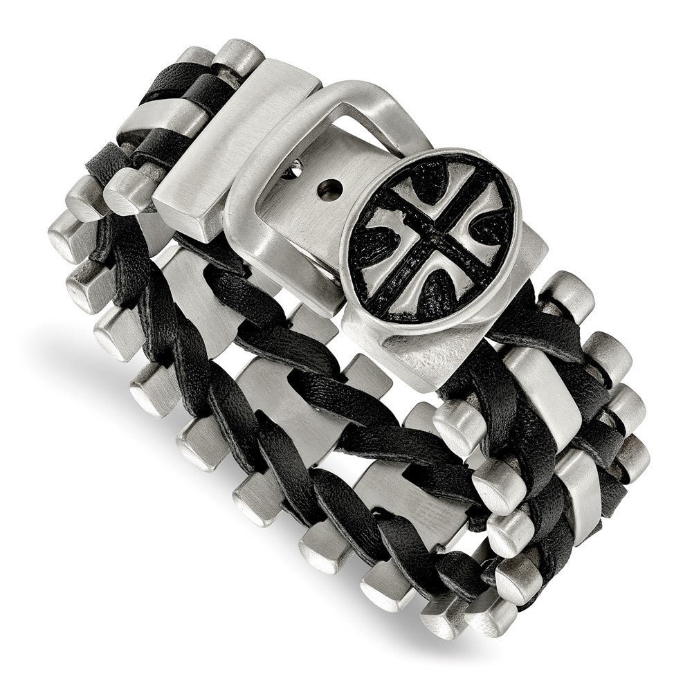 Chisel Stainless Steel Antiqued and Brushed Cross Buckle with Black Leather Adjustable Bracelet, 26 mm