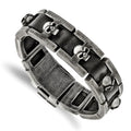 Chisel Stainless Steel Antiqued and Brushed Skulls Black Leather 9 inch Link Bracelet, 9 x 19 mm