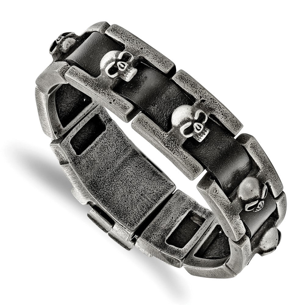 Chisel Stainless Steel Antiqued and Brushed Skulls Black Leather 9 inch Link Bracelet, 9 x 19 mm
