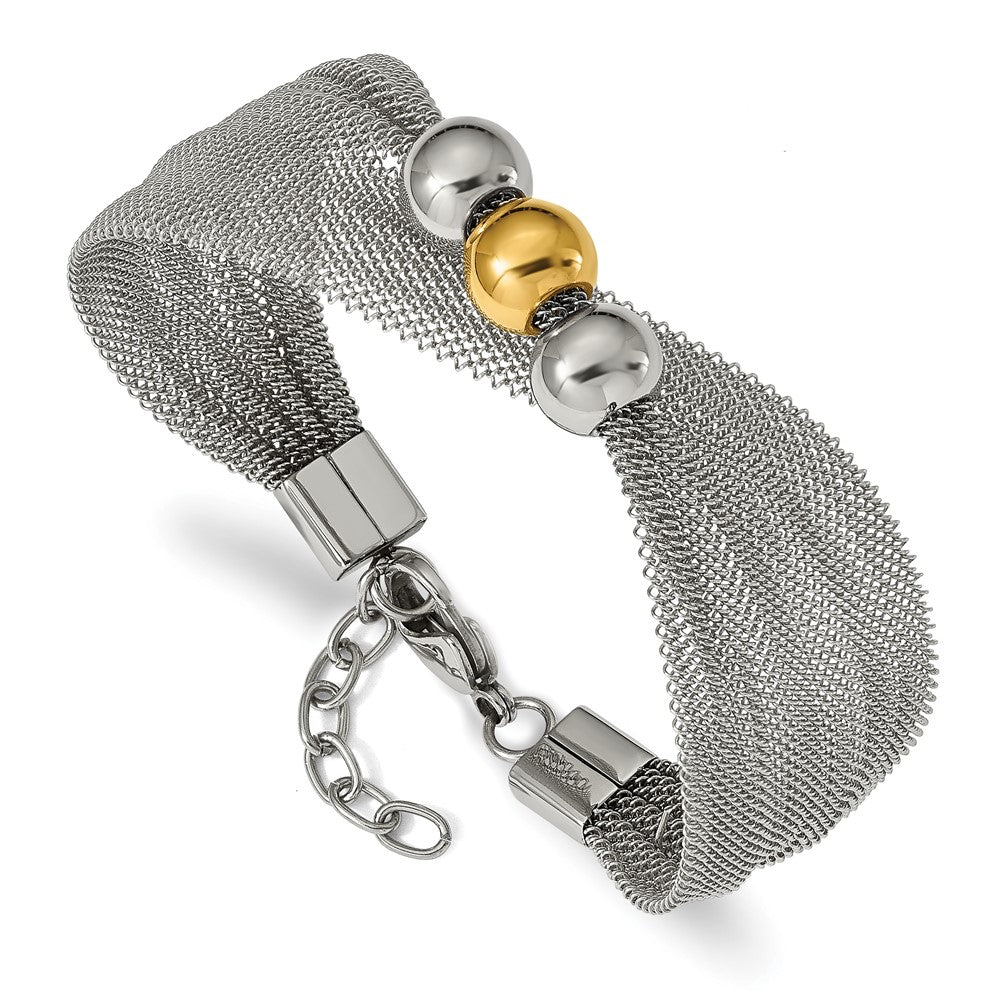 Stainless Steel Polished Yellow IP-plated Bead Mesh 7in w/1in ext. Bracelet, 7 x 22 mm