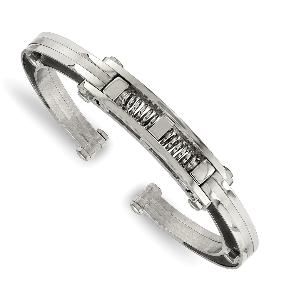 Chisel Stainless Steel Brushed and Polished with Black Carbon Fiber Inlay Hinged Bangle, 7 x 5 mm